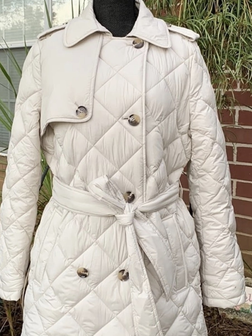 Light Cream Quilted Trench Coat with Belt